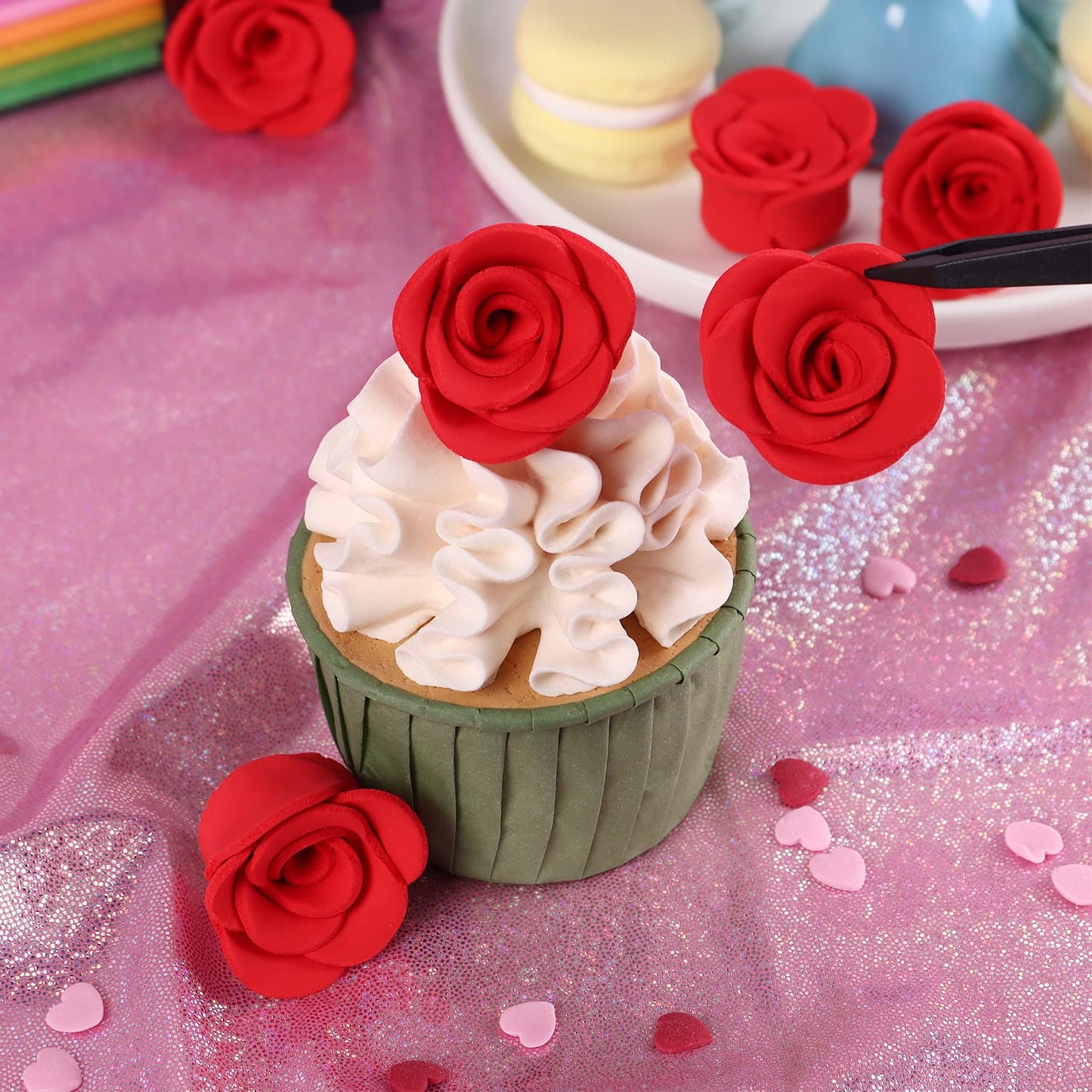 Edible Valentine Icing Decoration, Red Rose Icing Decoration, Royal Icing Heart Sprinkle, Strawberries Sugars Sprinkles For Cupc