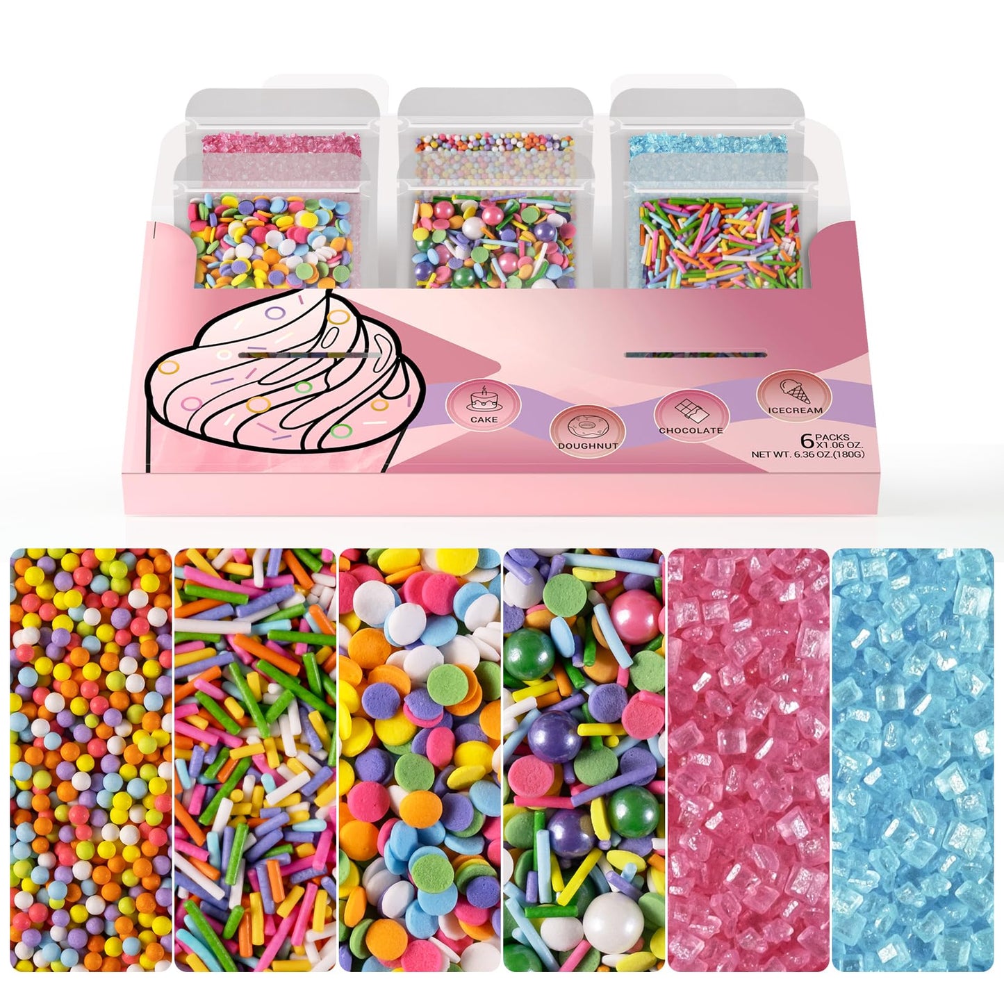 HUEBEATY 6-in-1 Neon & Pastel Rainbow Sprinkles for Cake Decorating - Confetti, Nonpareils, Jimmies & Sanding Sugar - Edible Cup