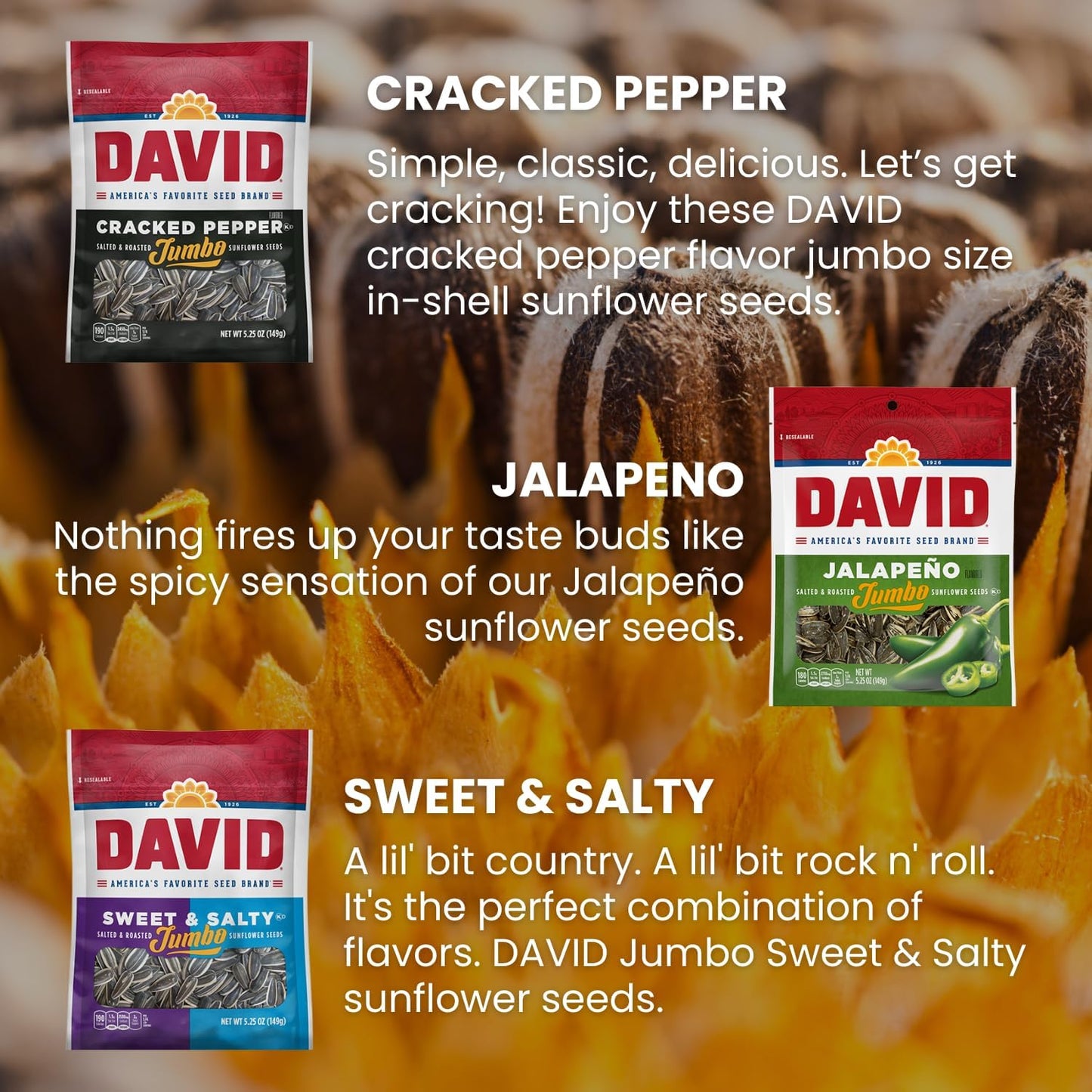 Davids Sunflower Seeds, Assorted Flavors, Variety Pack 5.25 Oz Bags, 9 Count