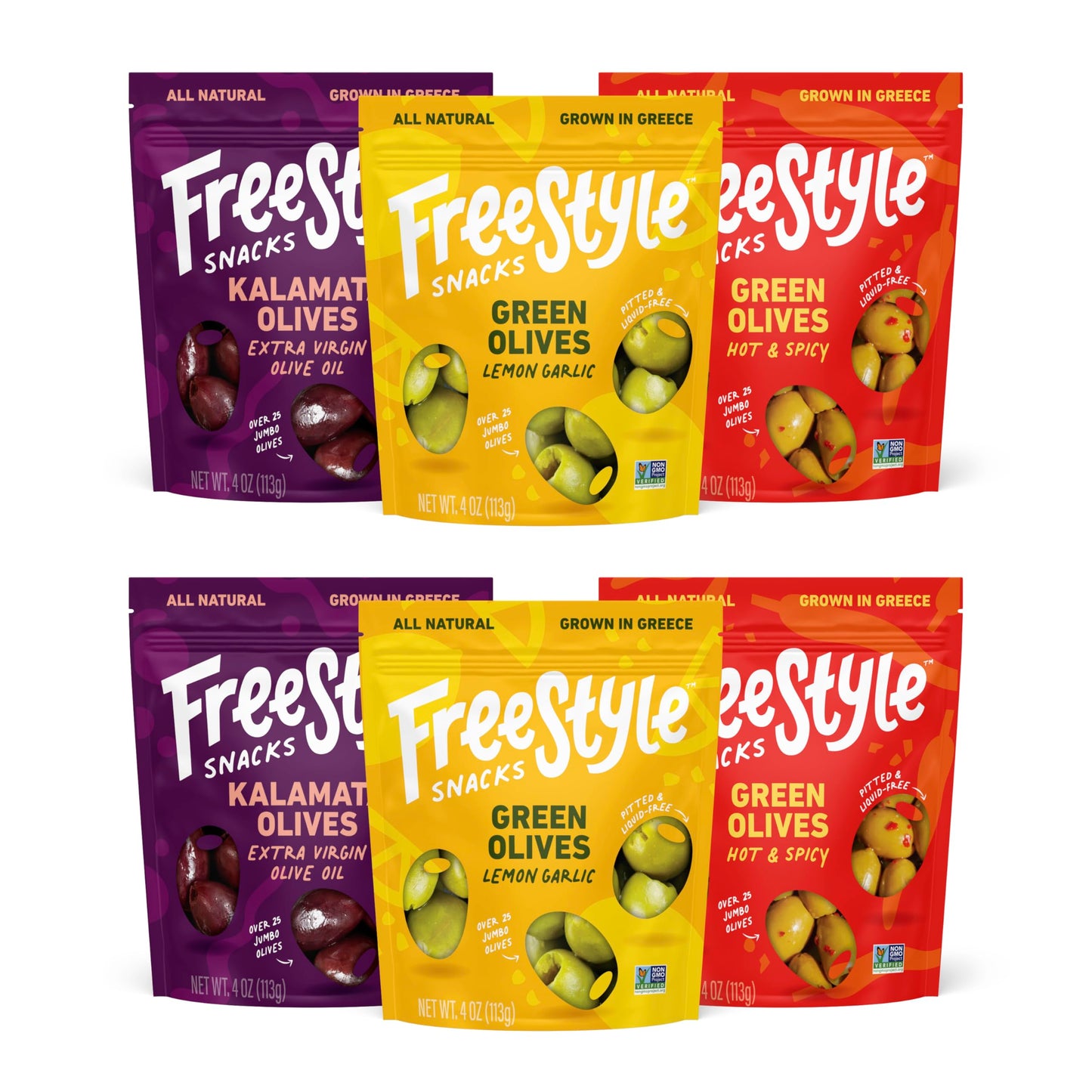 Freestyle Snacks Olive Snack Packs - Jumbo Kalamata & Green Olives, All Natural, 4oz (6 Pack)