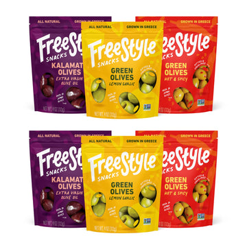 Freestyle Snacks Olive Snack Packs - Jumbo Kalamata & Green Olives, All Natural, 4oz (6 Pack)