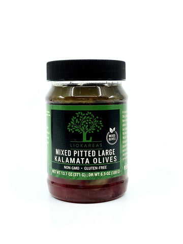 Liokareas Greek Mixed Pitted Olives - Kalamata & Green - 13.1oz - Organic, Gluten Free, Non-GMO, Paleo, Keto
