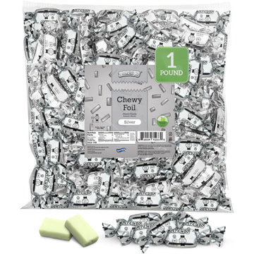 Zazers Silver Chewy Foil Candy - 1 Pound - Green Apple Flavor - Individually Wrapped, Perfect for Color Themed Party Decor, Grea