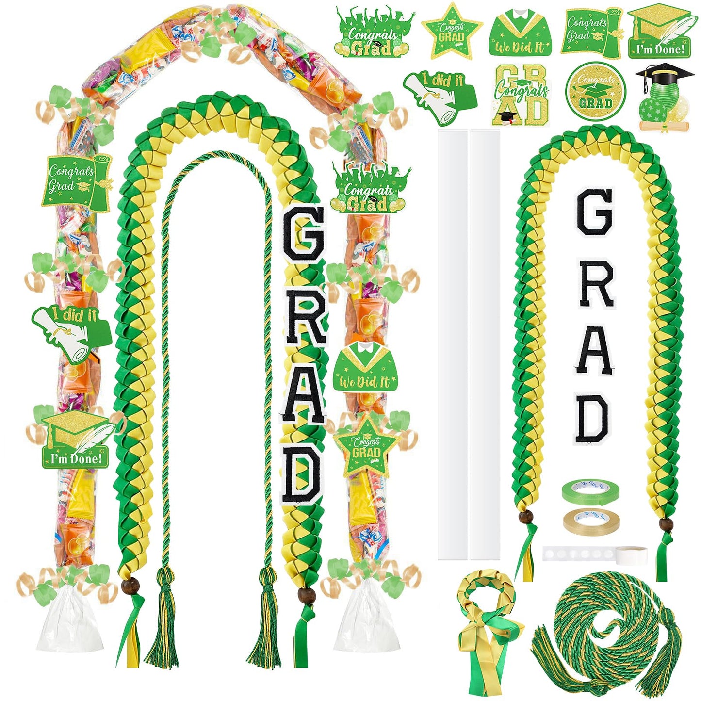 TKNOUS Graduation Ribbon Leis Kit, 10 Pcs Green Gold Candy Lei with Honor Cord, Class of 2025, Polyester, Model Lei-G