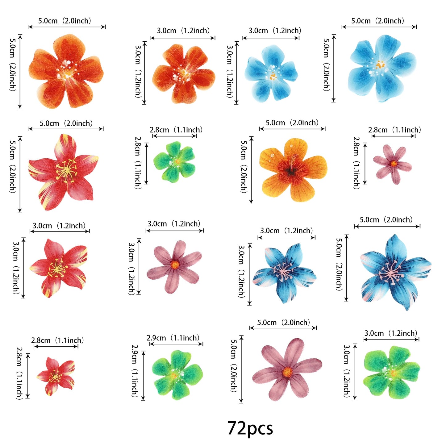 Rssta i 72 Pack Edible Hawaii Flowers Cake Decorations, Rice Paper Toppers for Cakes & Cupcakes, Design 9