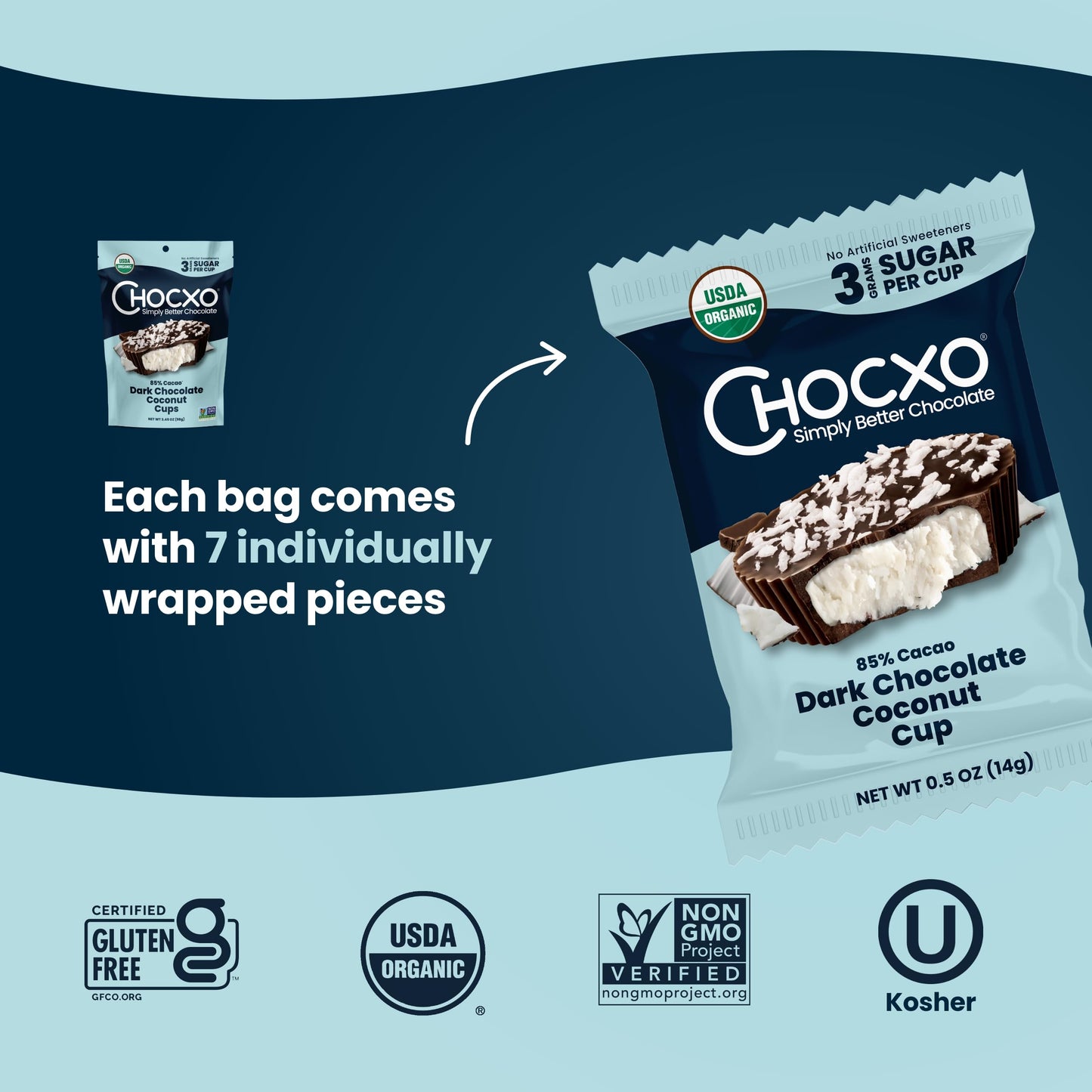 ChocXO Dark Chocolate Coconut Cups, 85% Cacao, 3g Sugar, Keto, 3.45 oz (Pack of 6), Gluten Free, Non-GMO, Kosher