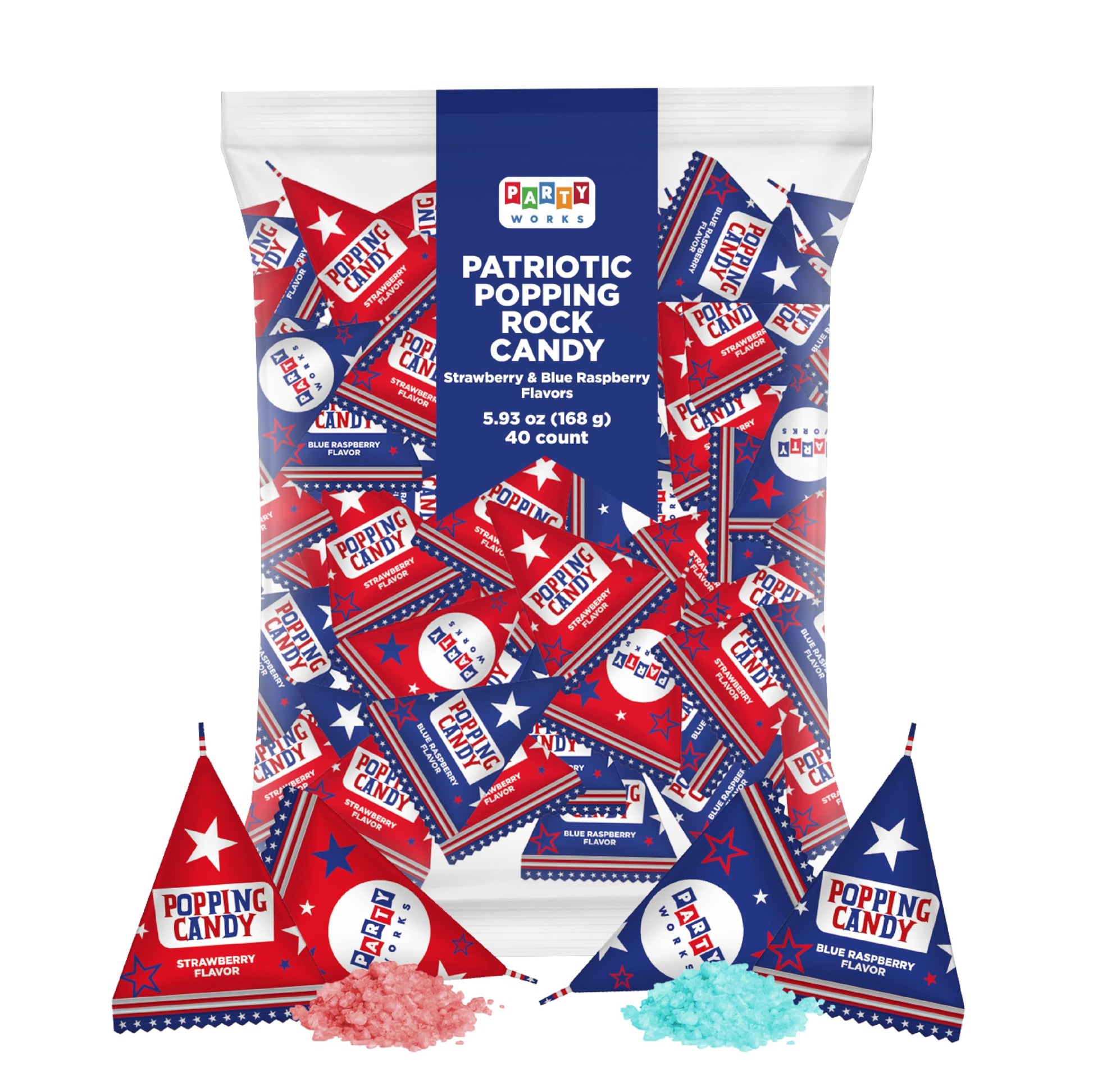 PartyWorks Patriotic Candy - 40 Count Bag - Popping Rocks Pouches - Strawberry, Blue Raspberry Flavors - Individual Triangles