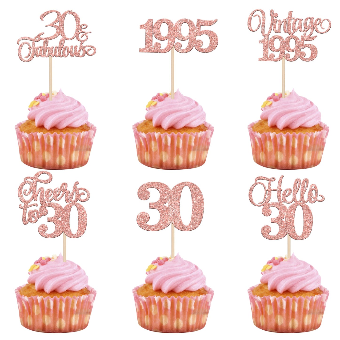Rsstarxi Cupcake Toppers 24 Pack Rose Gold Paper Decorations for 30th Birthday and Wedding Anniversary Party