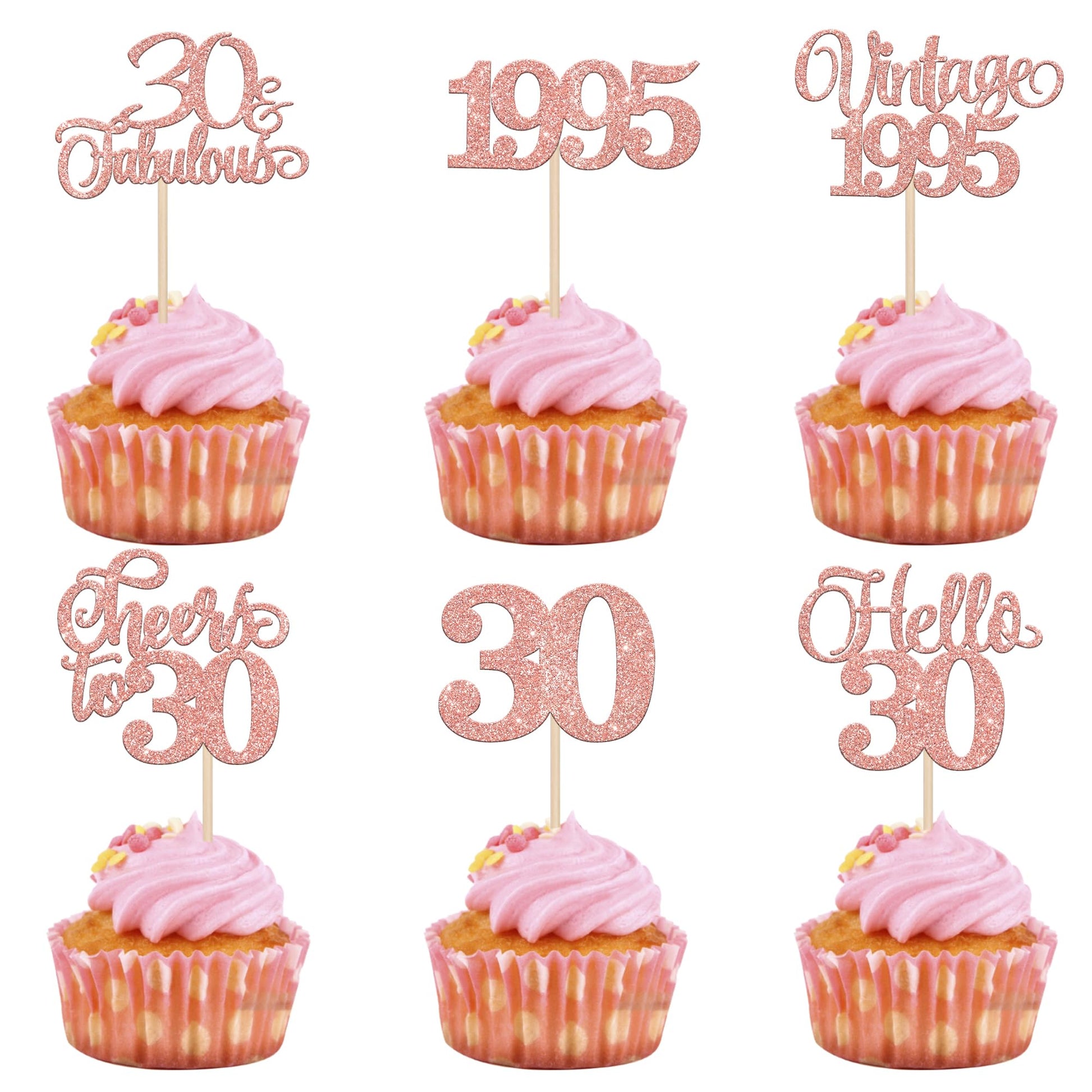 Rsstarxi Cupcake Toppers 24 Pack Rose Gold Paper Decorations for 30th Birthday and Wedding Anniversary Party