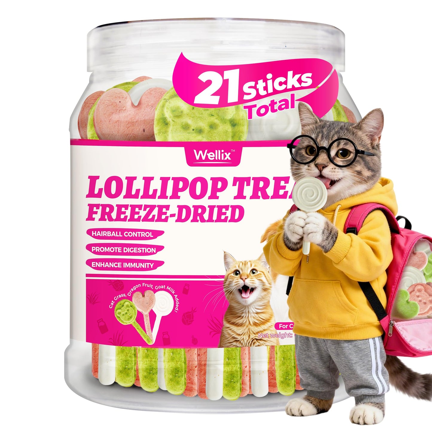 Wellix Freeze Dried Dog&Cat Treats - High Protein Chicken Recipe Lollipop Cat Treats - Three Flavors (Cat Grass, Dragon Fruit, G