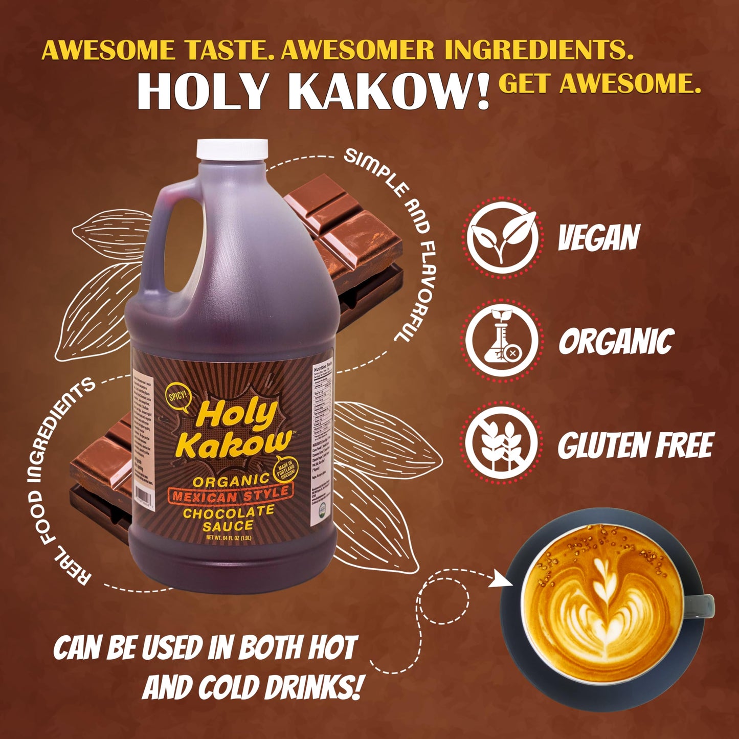 Holy Kakow Organic Chocolate Syrup - Mexican Style, Chocolate Syrup, Chocolate Sauce, Organic Chocolate Sauce, Add To Mochas, Waffles, & Ice Cream, Real Food Ingredients, Specific Flavor - 64Oz