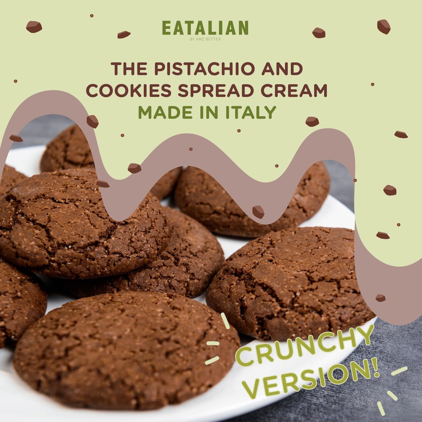 Eatalian By Amz Better Pistachio Cream With Sweet Crunchy Biscuit, 7 Oz/200 Gr, Delicious Spread With A Uniquely Sweet Taste, Id