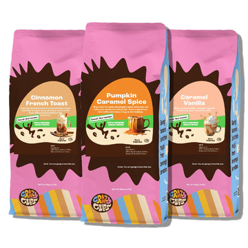 Crazy Cups Decaf Flavored Ground Coffee Variety Pack, Includes Cinnamon French Toast, Caramel Vanilla, Pumpkin Caramel Spice, In 10 Oz Bags, For Brewing Flavored Hot Or Iced Decaf Coffee, Variety 3 Pack