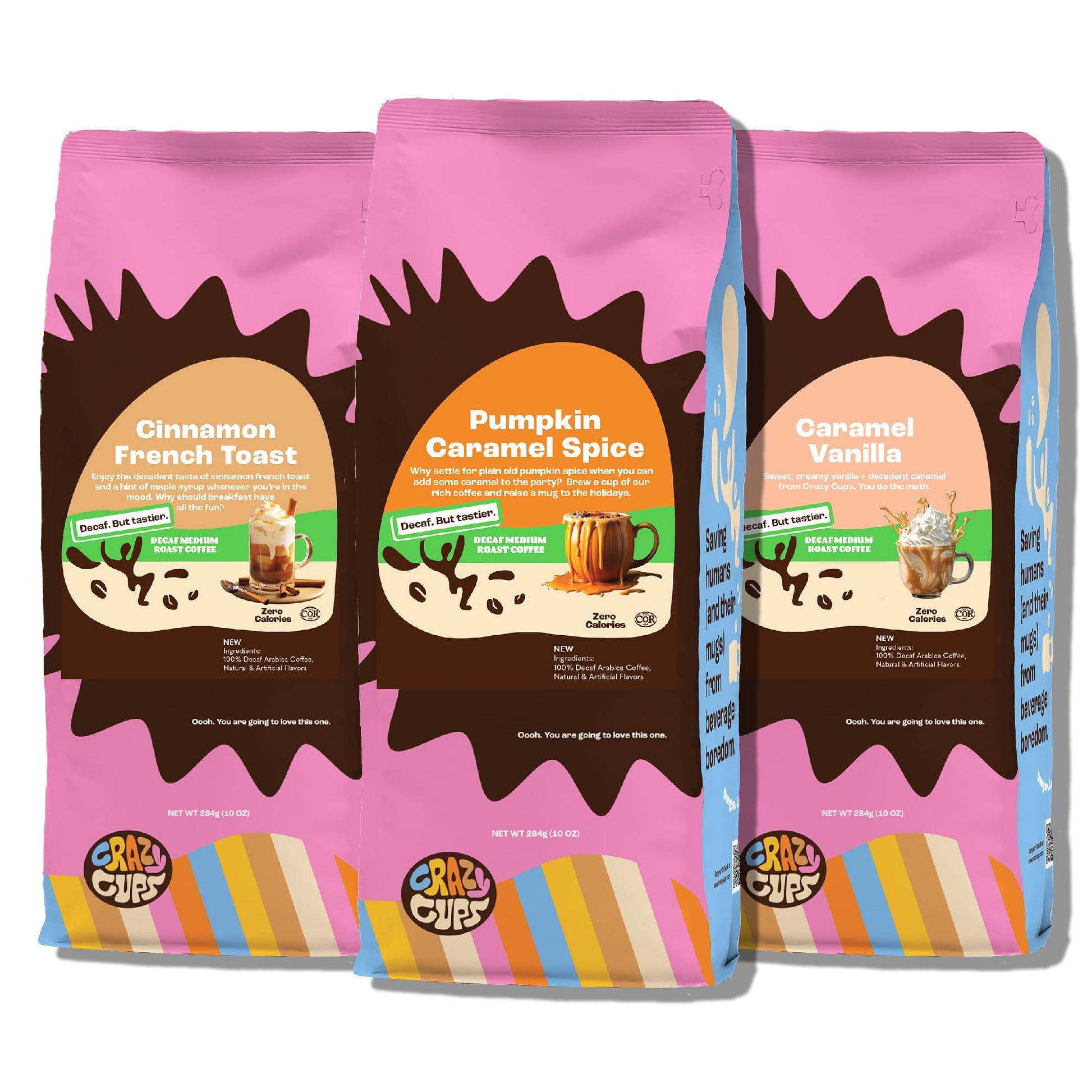 Crazy Cups Decaf Flavored Ground Coffee Variety Pack  Includes Cinnamon French Toast  Caramel Vanilla  Pumpkin Caramel Spice