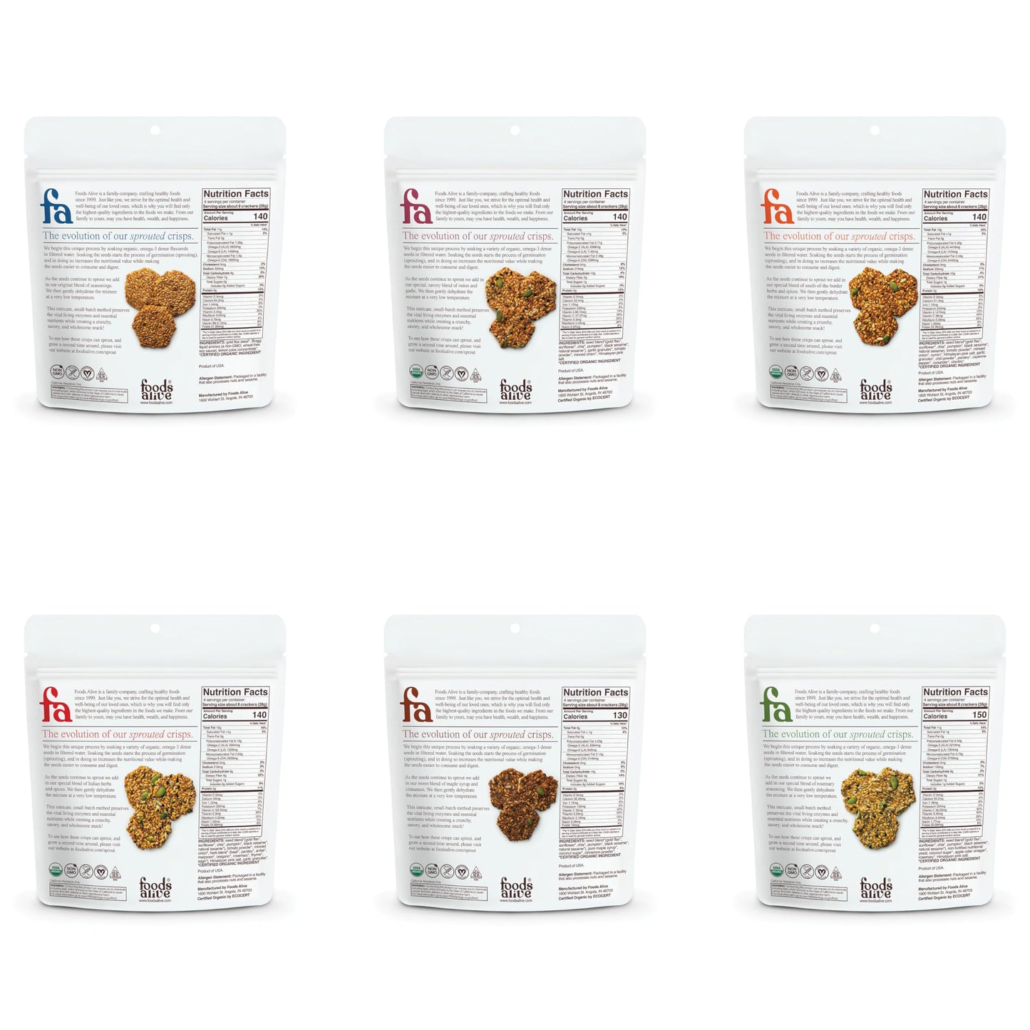 Foods Alive Organic Sprouted Crisps Bundle (6 Flavors), 4Oz, Gluten Free, Vegan, High Protein, High Fiber