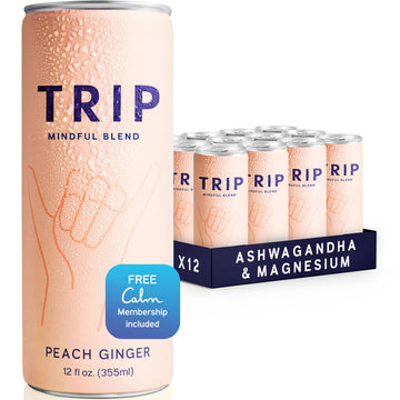 TRIP Adaptogen Seltzer, Peach Ginger, Lightly Sparkling, 12 Fl Oz, Pack of 12, Vegan, No Added Sugar