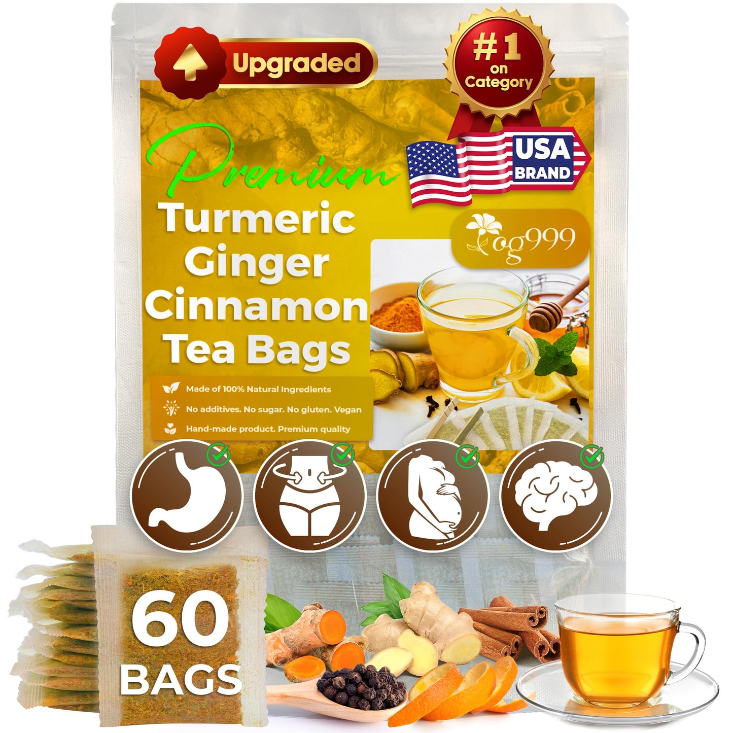 Tog999  Top-Grade Tea Bags  100% Natural & Pure. Naturally Energy Blend-Free. No Sugar  No Gluten  Vegan. (60 Bags  Turmeric Flavor Blendger Cinnamon)