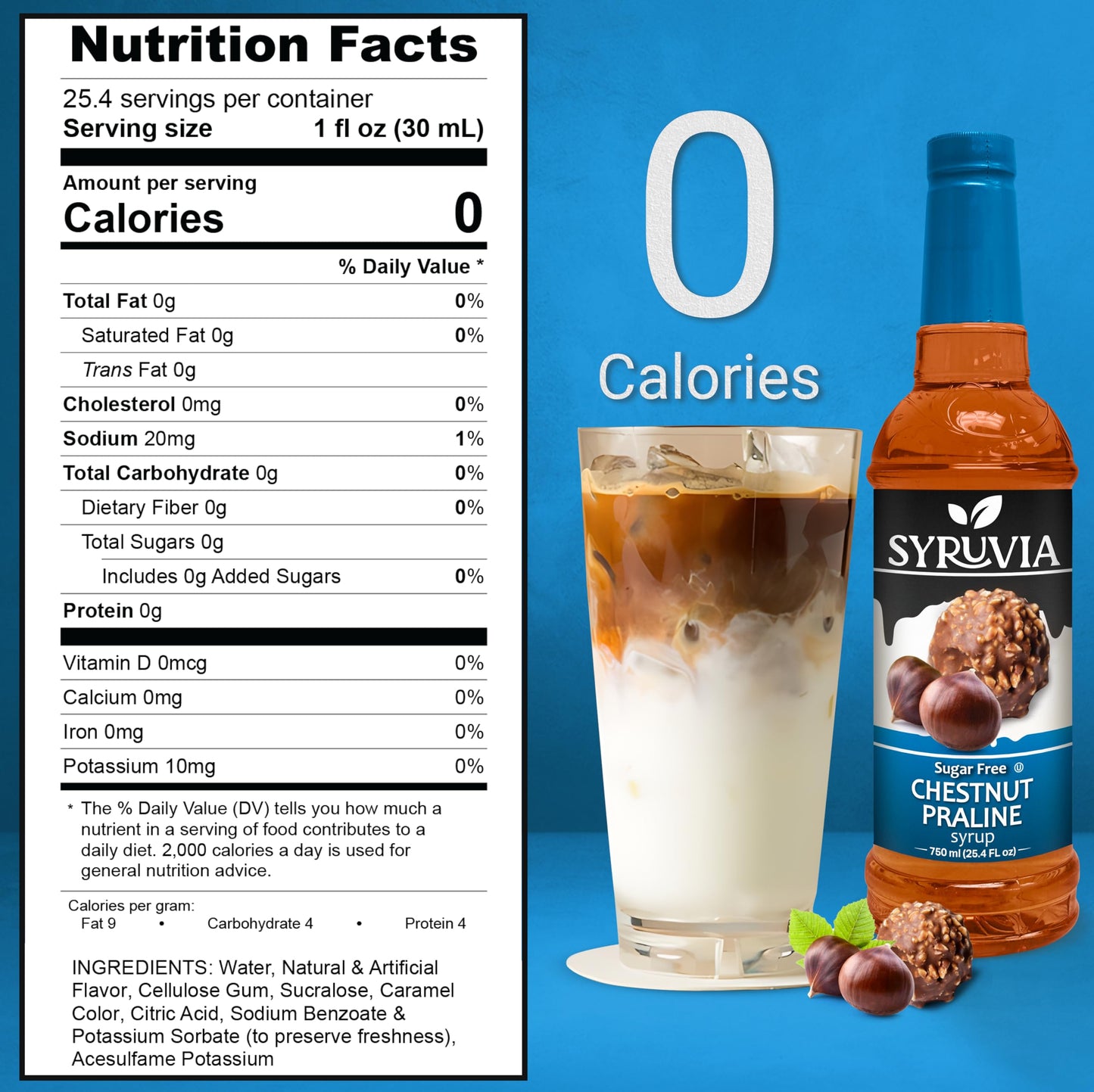 Syruvia Sugar-Free Chestnut Praline Coffee Syrup - 25.4 fl oz. Premium Coffee Flavoring Syrup. 0 Calories, Kosher, and Gluten-Fr