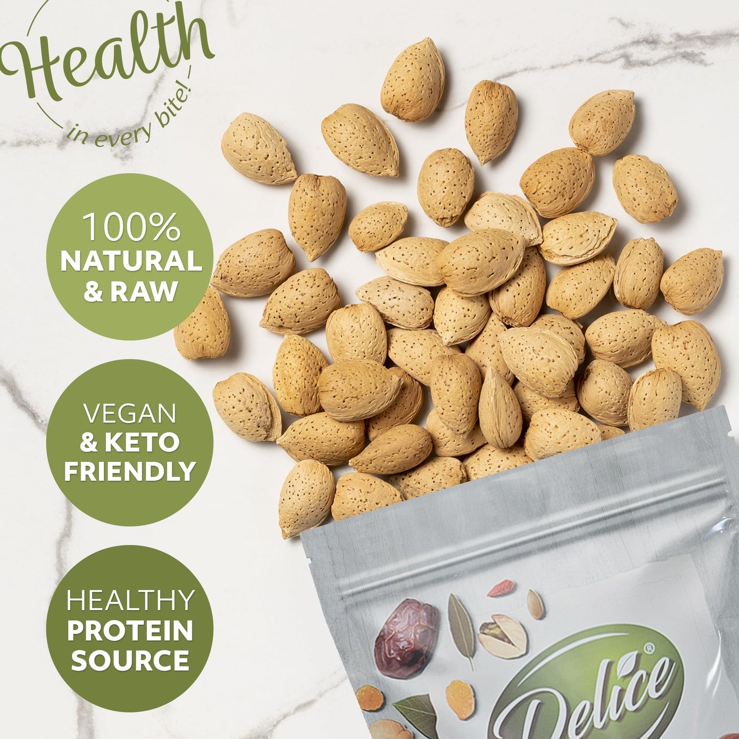 Delice Almonds In Shell - Whole, Raw, Unsalted, 6 LBS - Grown and Packed in California, Fresh Buttery Taste, Resealable Bag