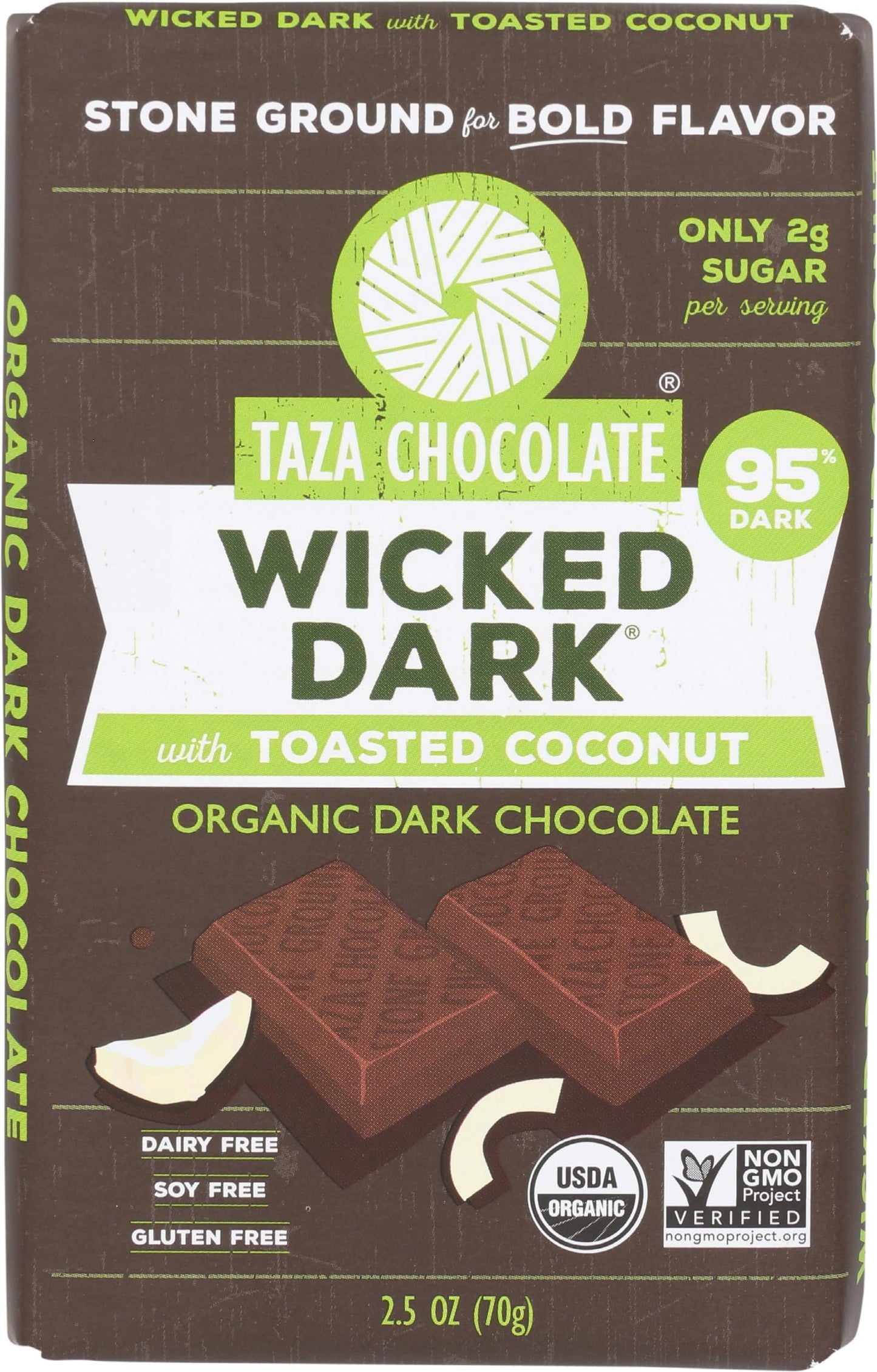Taza Chocolates Organic Toasted Coconut & Wicked Dark Chocolate Bar, 2.5 Oz