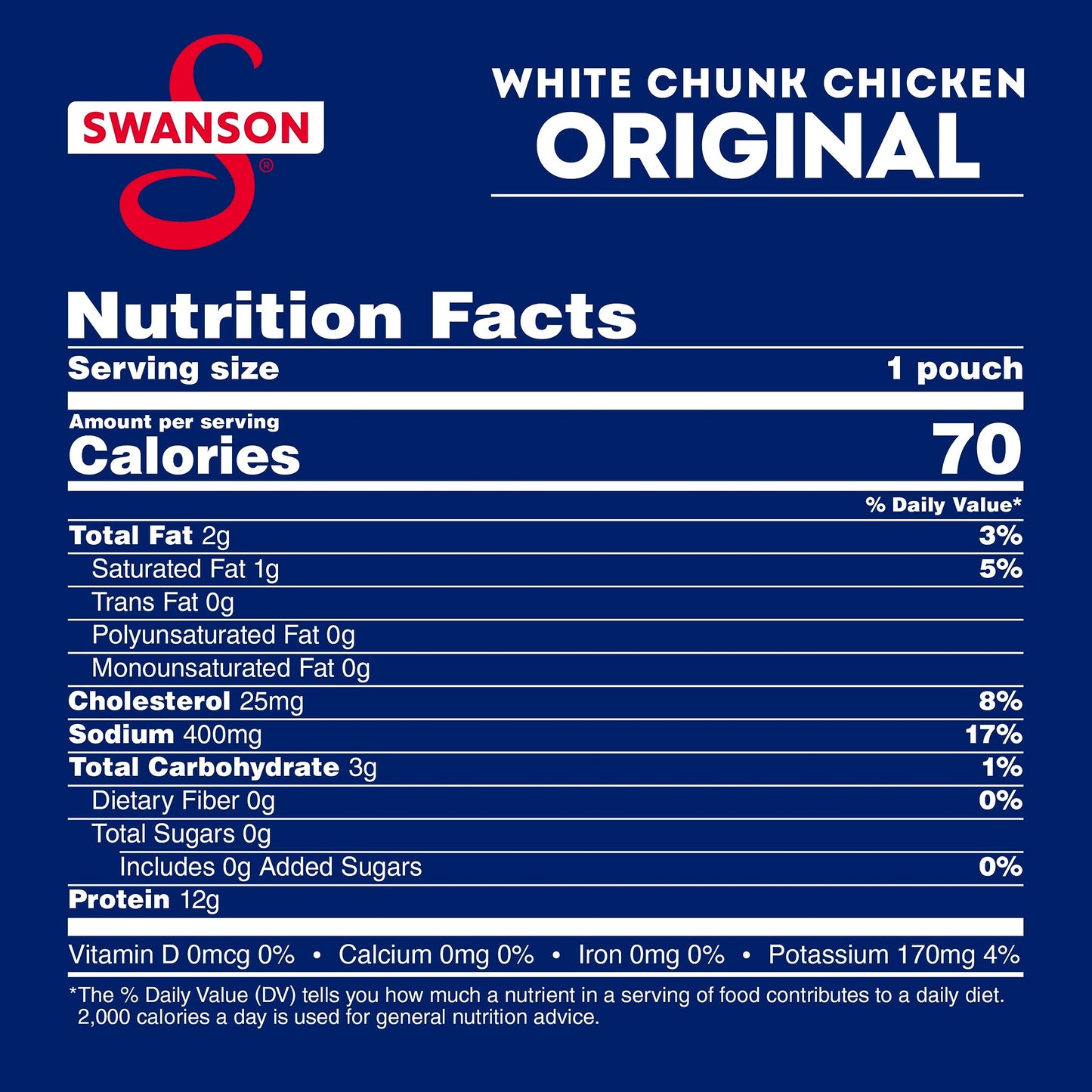 SWANSON S Fully Cooked White Chunk Chicken, Ready to Eat, 2.6 Oz Pouch