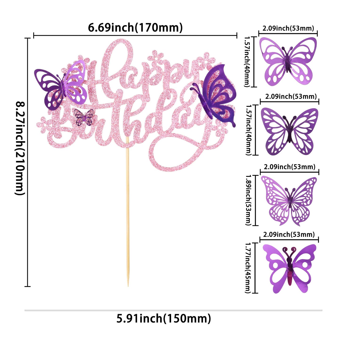 Ephlyn 25Pcs Butterfly Happy Birthday Cake Topper Purple 3D Cupcake Toppers Decorations For Girls Women'S Party Pink