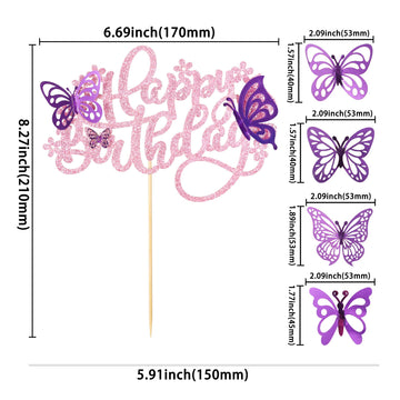 Ephlyn 25Pcs Butterfly Happy Birthday Cake Topper Purple 3D Cupcake Toppers Decorations For Girls Women'S Party Pink