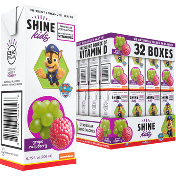 Shinekids X Paw Patrol Vitamin D Juice Box Healthy Drinks For Kids, Grape Raspberry, 32 Pack, Sugar Free Kids Juice Boxes, 0 Cal