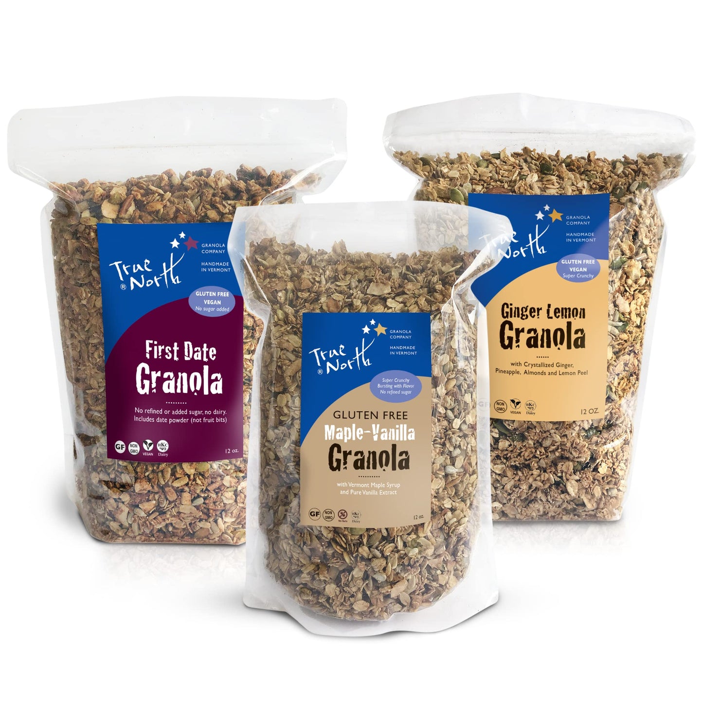 True North Granola - Gluten Free Granola Variety Pack - Maple Vanilla, First Date, & Ginger Lemon Granola, All Natural, Non-GMO,