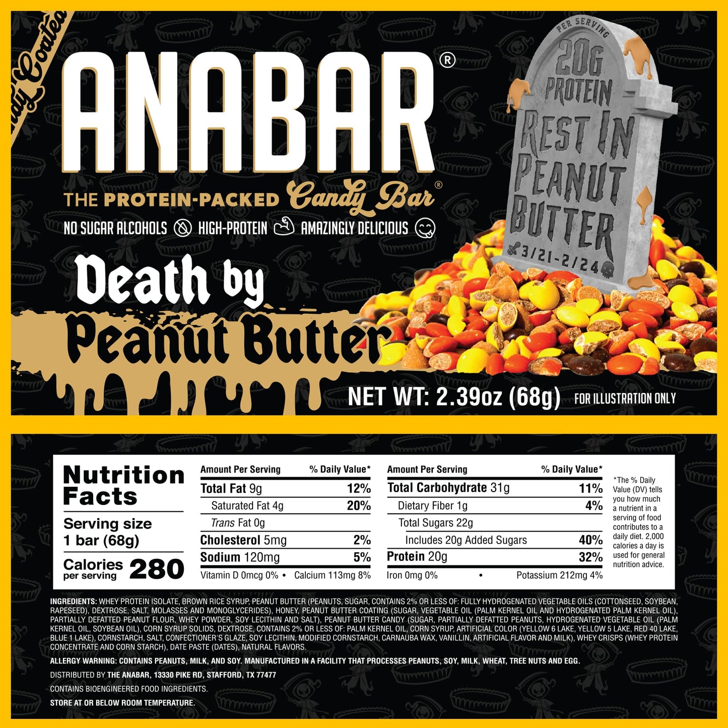 Anabar Protein Bar, The Protein-Packed Candy Bar, Amazing Tasting Protein Bar, No Sugar  S, High Protein, Amazingly Delicious, 20 Grams Of Protein (12 Bars, Death By Peanut Butter)