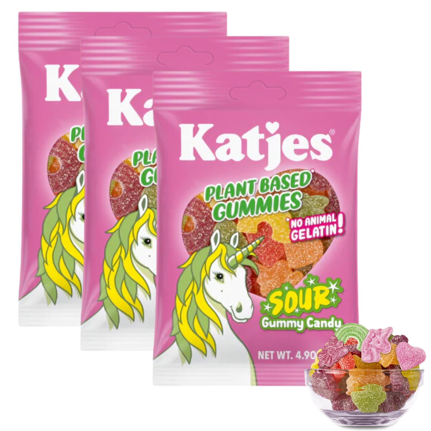 Katjes Plant Based Sour Gummy Candy 3 Pack - Passion Fruit, Orange, Lime, Raspberry & Black Currant Flavored Gummies - Palm Oil Free - No Animal Gelatin - No High Fructose Corn Syrup, 4.9Oz