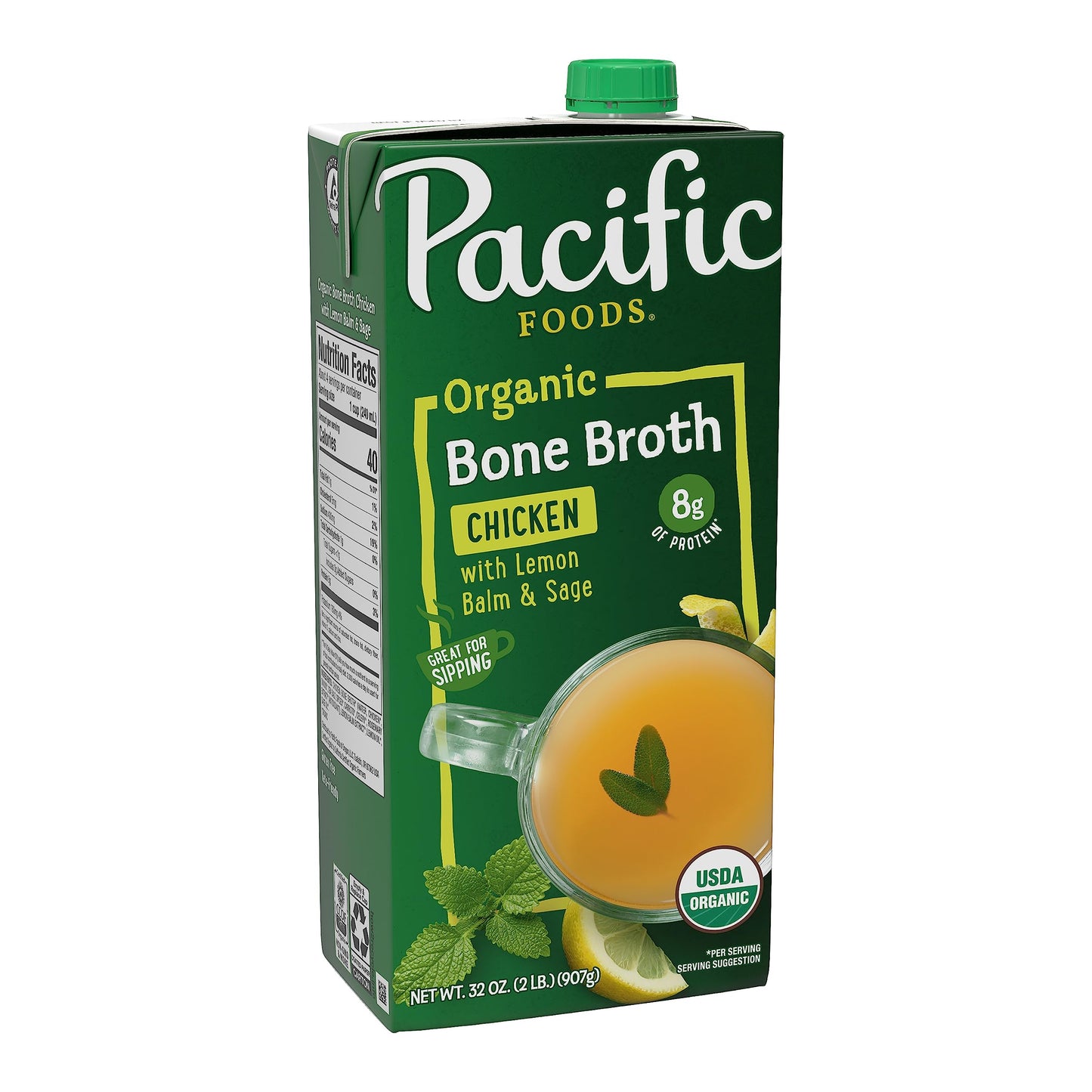 Pacific Foods Organic Chicken Bone Broth With Lemon Balm And Sage, 32 Oz Carton