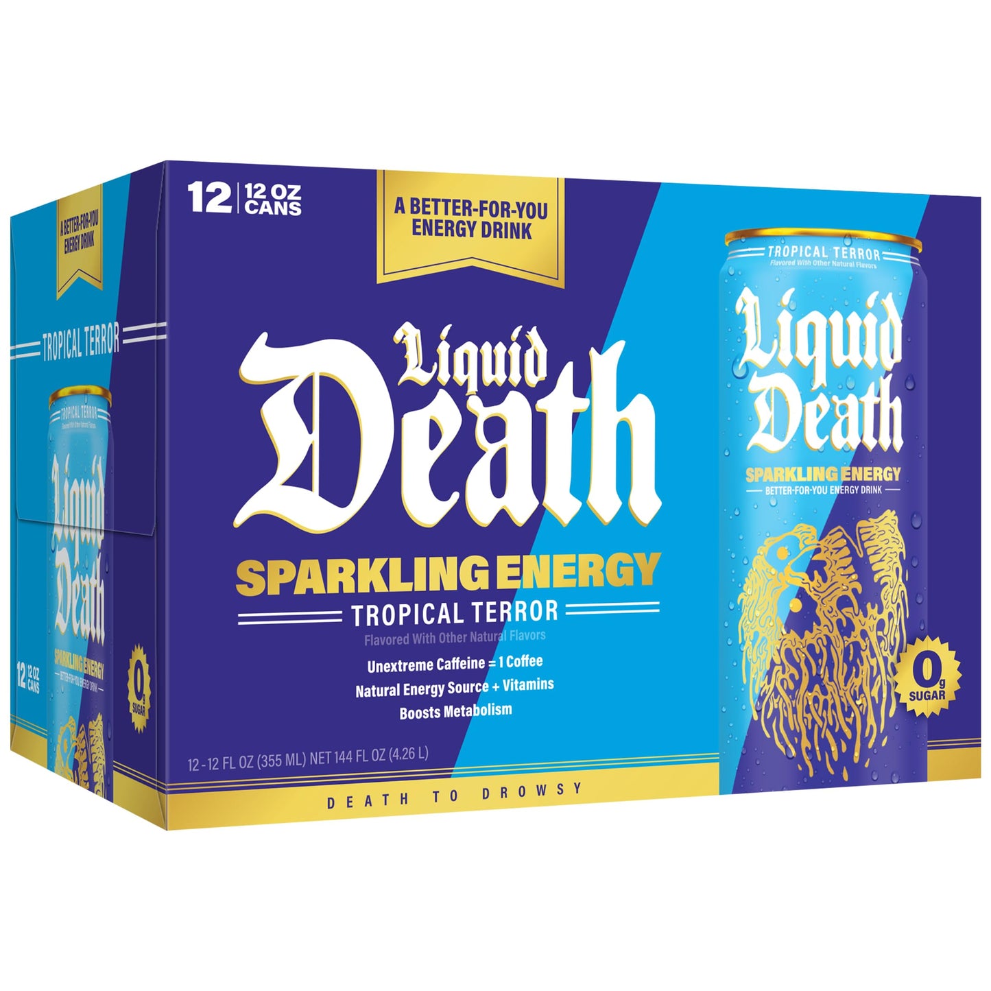 Liquid Death Sparkling Energy - Tropical Terror (Pia Colada Flavor)  Sugar-Free Energy Drink  Unextreme Caffeine 100mg  Essential Vitamins  12 Fl Oz (Pack of 12)