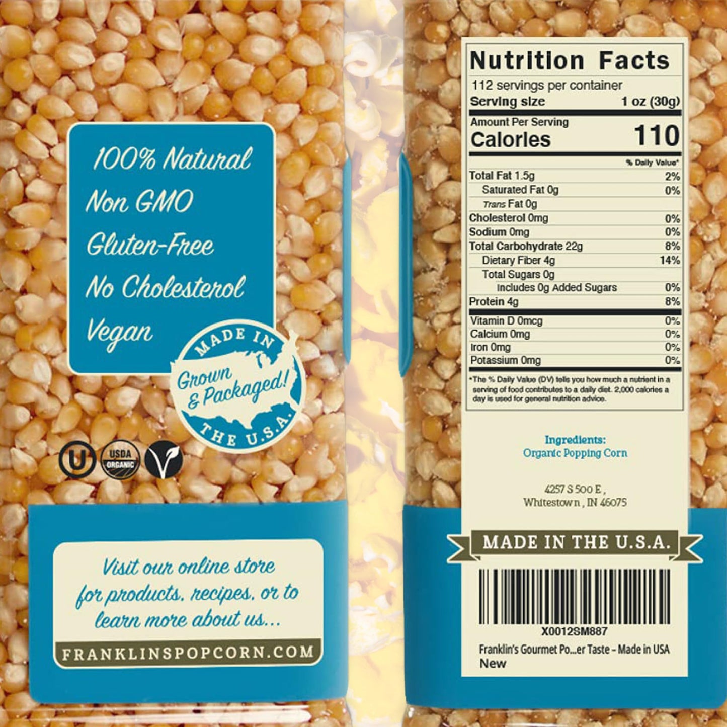 Franklins Gourmet Popcorn Organic Popcorn Kernels for Popping - 28oz Tub - Made in USA, Non-GMO & All-Natural - Old Fashioned Un