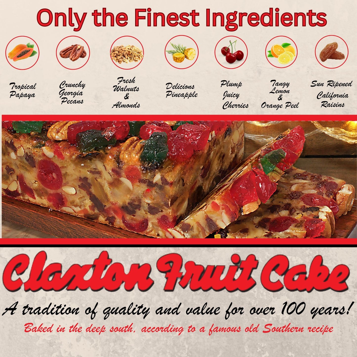 Old Fashion Claxton Fruit Cake 3-1 Lb. Dark Recipe Loaves - Individually Wrapped For Freshness in our Signature Red-White Carton