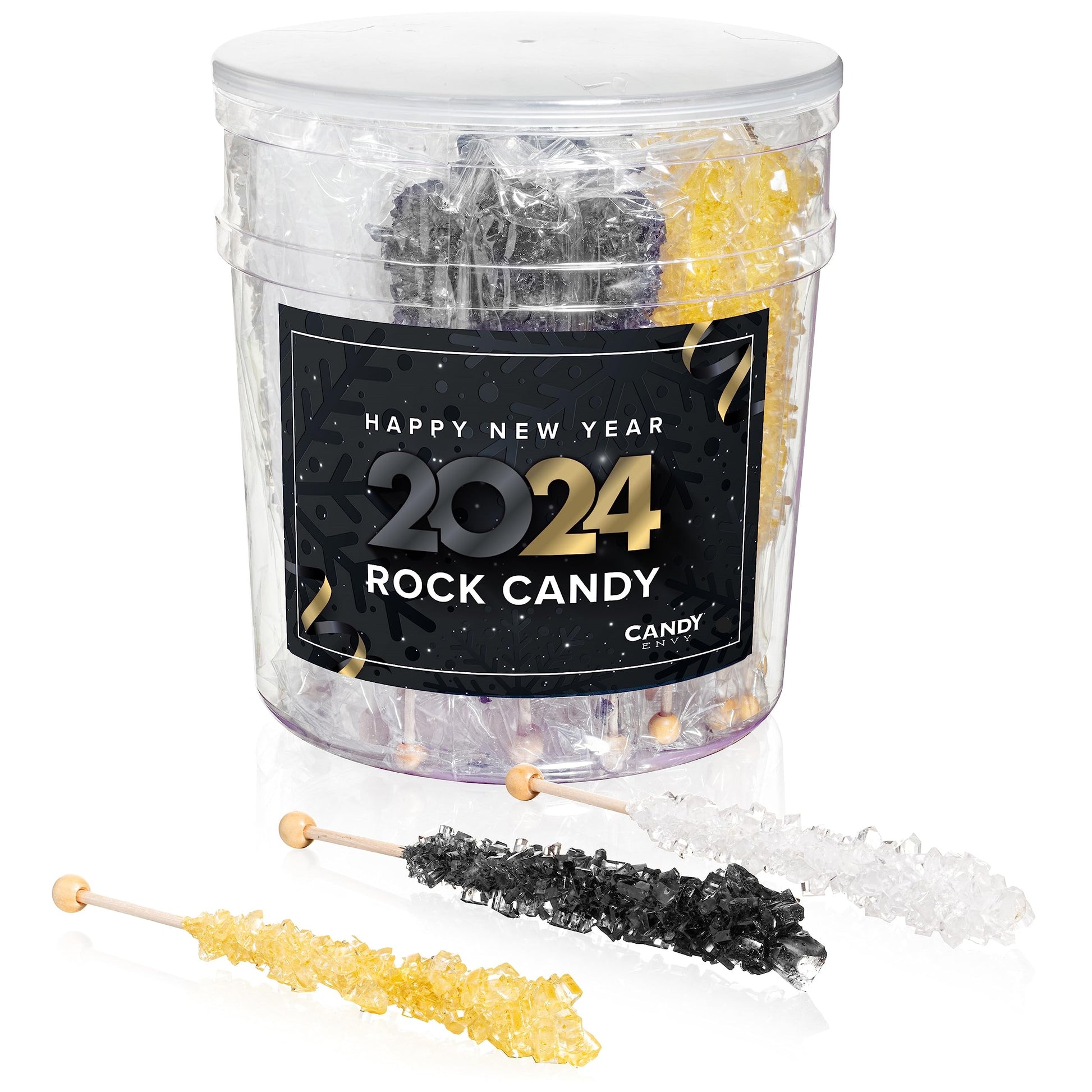 Candy Envy - Happy New Year Rock Candy Sugar Sticks - 36 Indiv. Wrapped - Gold, Black, White
