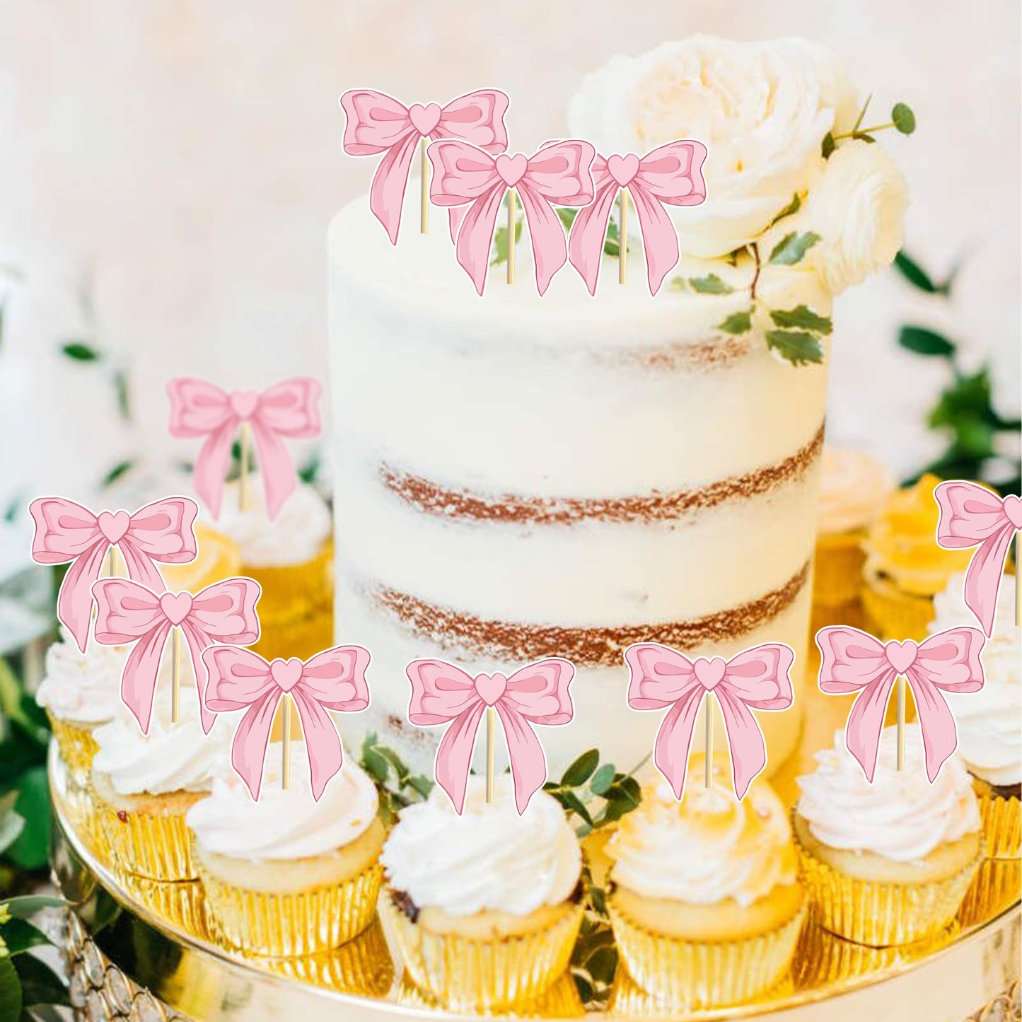 24 Pcs Bow Cupcake Toppers Suitable For Girls Birthday Party Anniversaries Baby Shower Pink Bow Birthday Cake Decorations Single