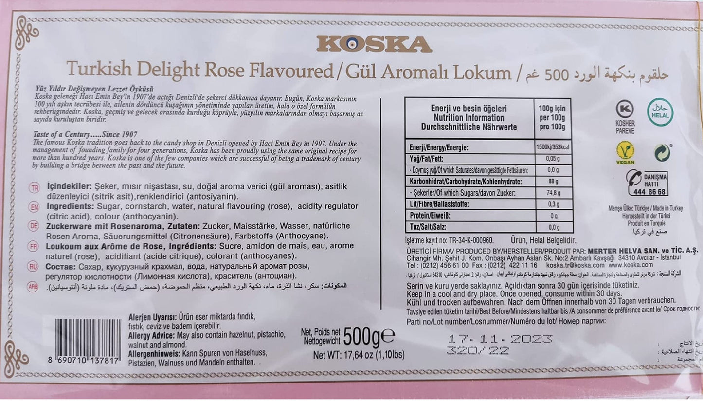 Turkish Delight Rose Flavoured 17.64 Oz 1.10 Ibs 500 Gr Lokum