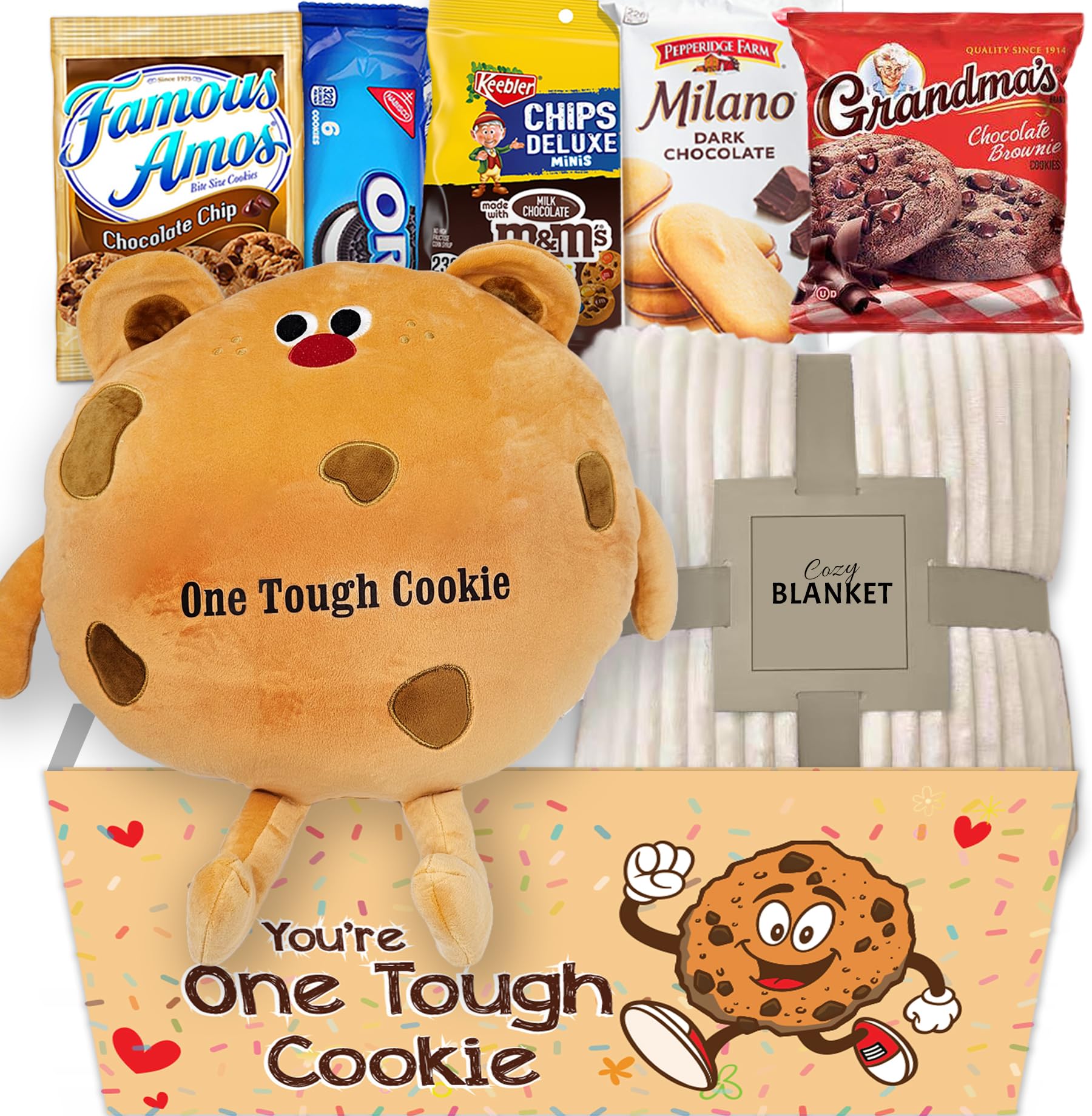 Get Well Soon Gift For Kids, Hospital Recovery One Tough Cookie Gift Basket W/Blanket, Care Package Snack Box W/Cookie & Pillow Feel Better Son For Child Or Teenage, Unique Gift Box