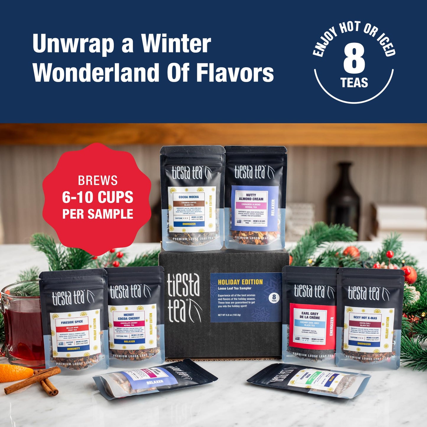 Tiesta Tea - Holiday Tea Sampler Dry Flight Set  Loose Leaf  High to No Caffeine Hot & Iced  enhanced Brew Sample with Black  Herbal  Fruit & Hibiscus Blends  8 Resealable Sample Pouches