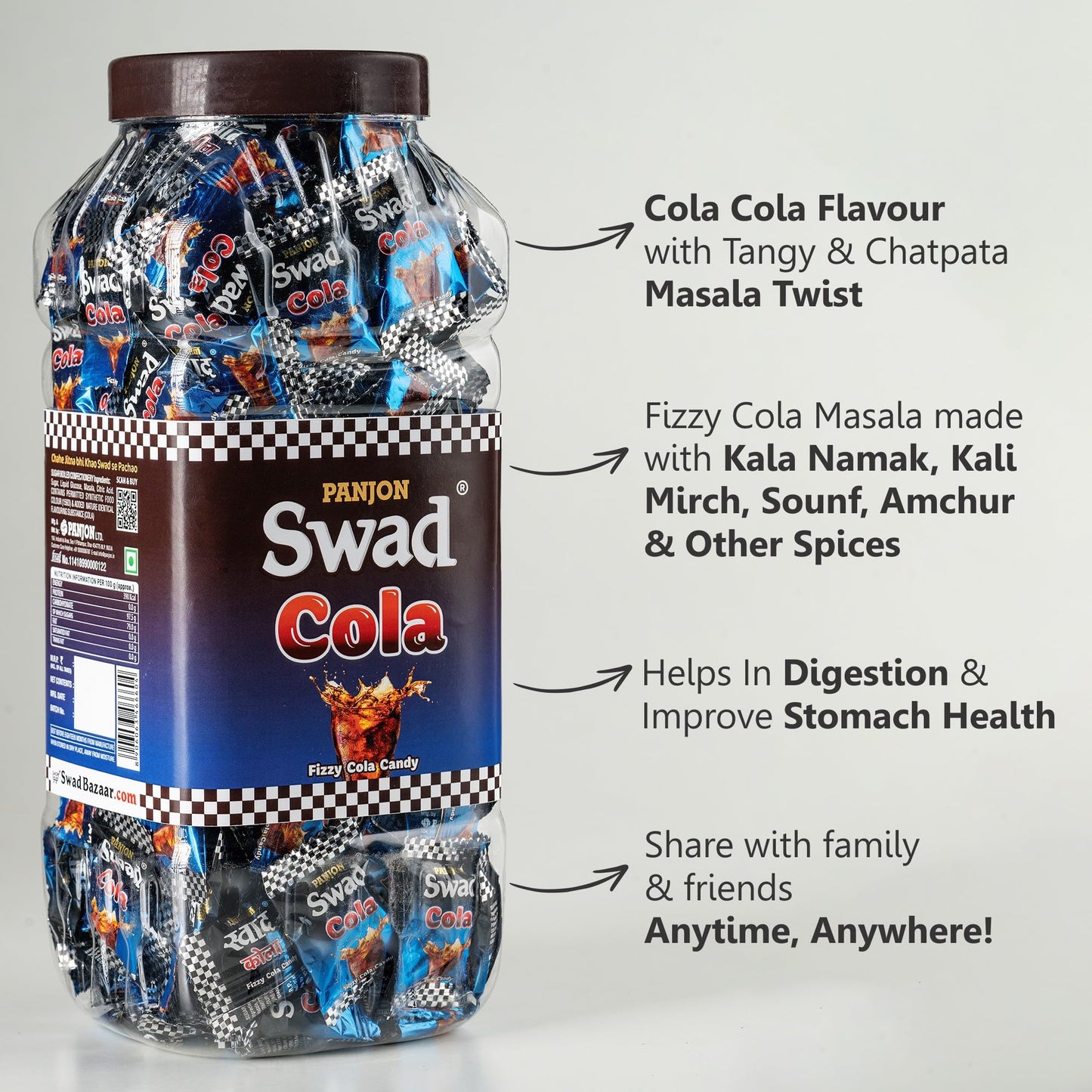 Swad Cola Candy | Chatpata Masala Cola Flavor Fizz Toffee| Sugar Candy Party Treats Pack | 150 Toffee Jar.