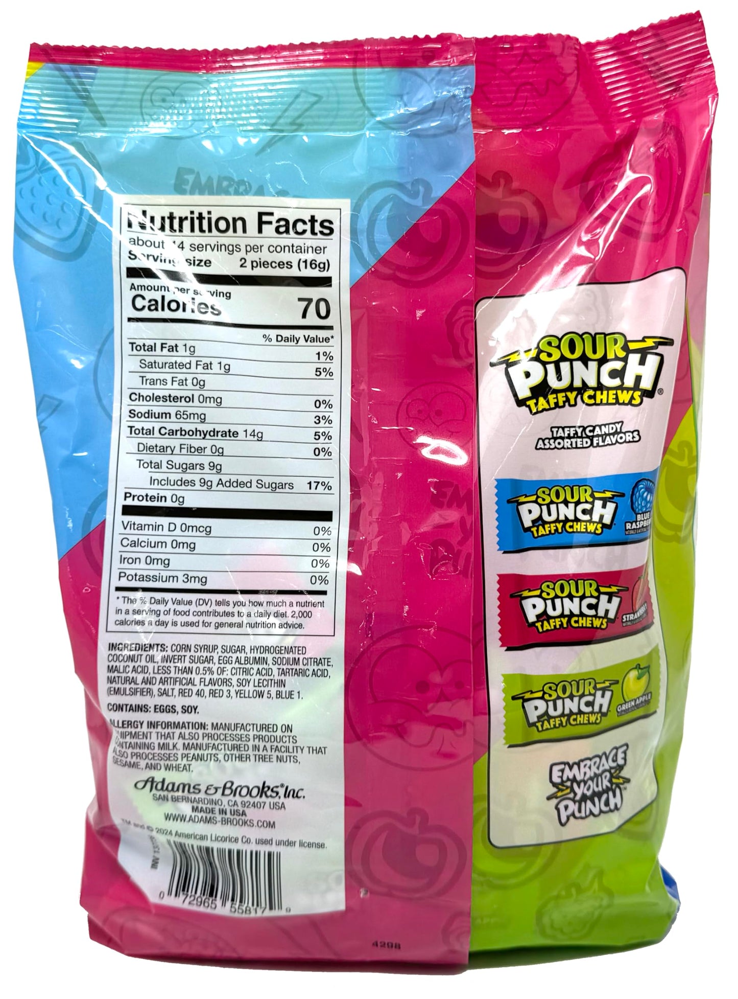 Adams & Brooks Sour Punch Chews Candy - Green Apple, Strawberry, Blue Raspberry, 25 Ounce Bag