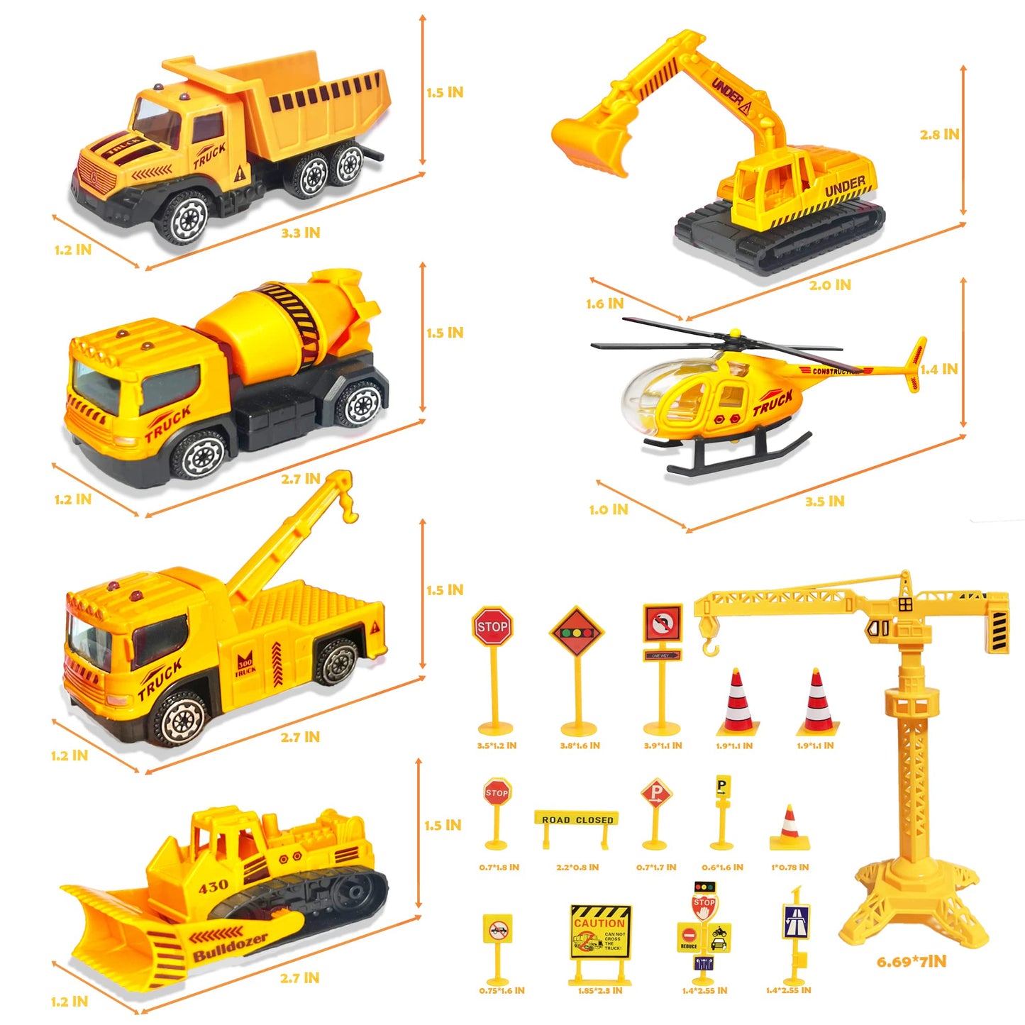 SEERMIA 21-Piece Mini Construction Vehicles Cake Decoration Set, Metal, KC-120, Truck002, Includes Trucks & Road Signs for Birthdays