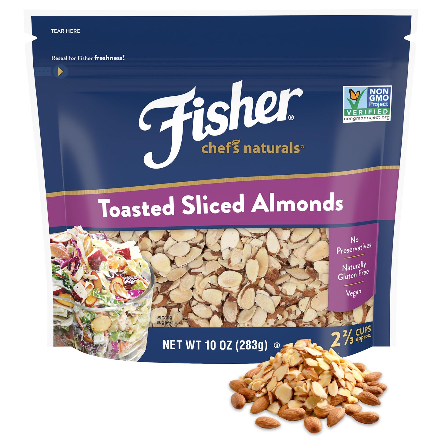 Fisher Unsalted Toasted Sliced Almonds, 10oz Resealable Bag, Brown, Vegan, Gluten Free, Perfect for Cooking, Baking & Snacking