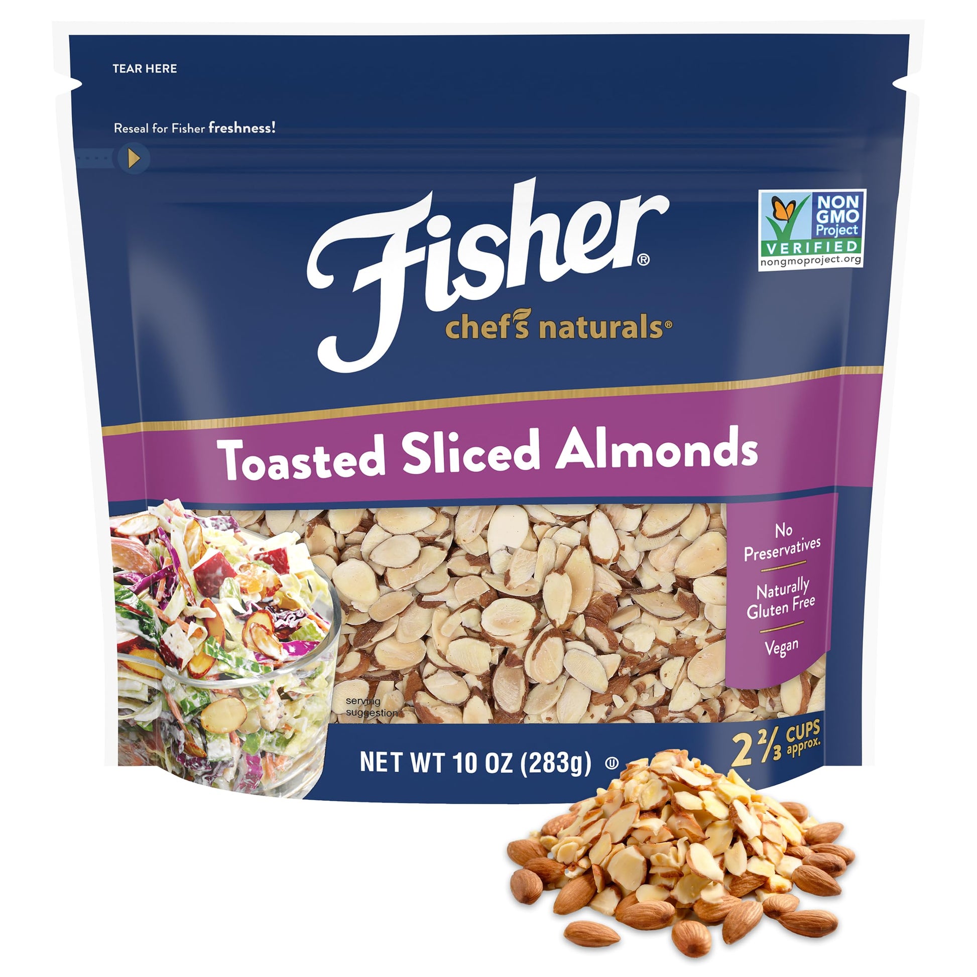 Fisher Unsalted Toasted Sliced Almonds, 10oz Resealable Bag, Brown, Vegan, Gluten Free, Perfect for Cooking, Baking & Snacking
