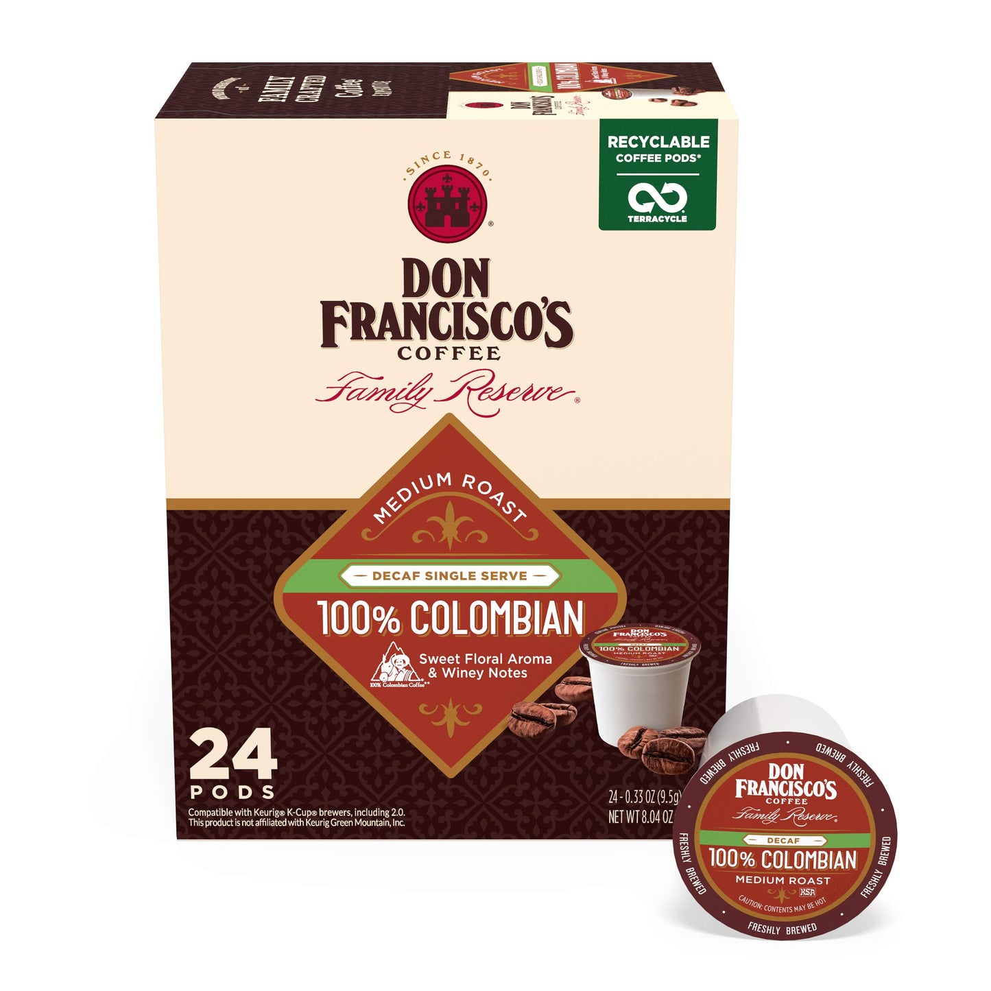 Don Franciscos Decaf Medium Roast Coffee Pods, 24 Count, Compatible with K-Cup Keurig, Original Flavor, Model LEPUSMGRYC5775