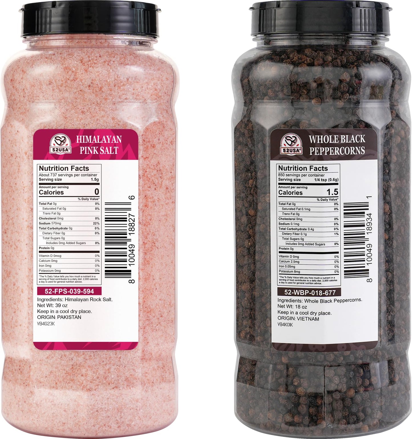 52Usa Whole Black Peppercorns 18 Oz + Himalayan Pink Salt (Fine Grain) 39 Oz, Salt And Pepper Grinder, Black Peppercorn Refil, K