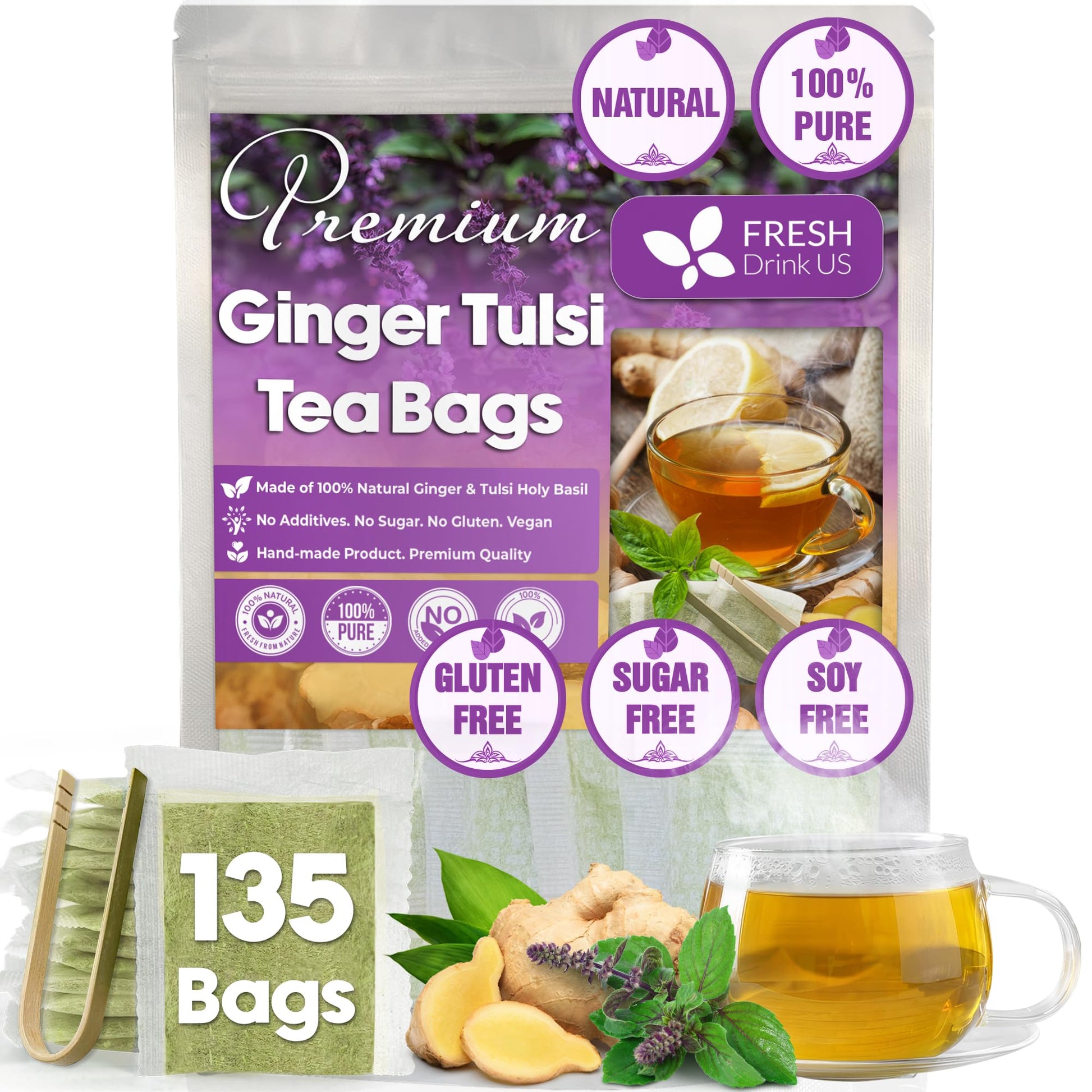 FRESHDRINKUS Ginger Tulsi Tea Bags, 100% Natural, Vegan, 135 Count