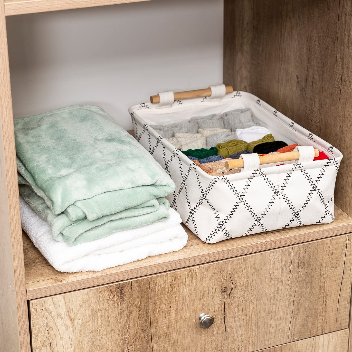Lufofox Decorative Collapsible Rectangular Fabric Storage Bin Organizer Basket With Wooden Handles For Clothes Storage,154X106X5