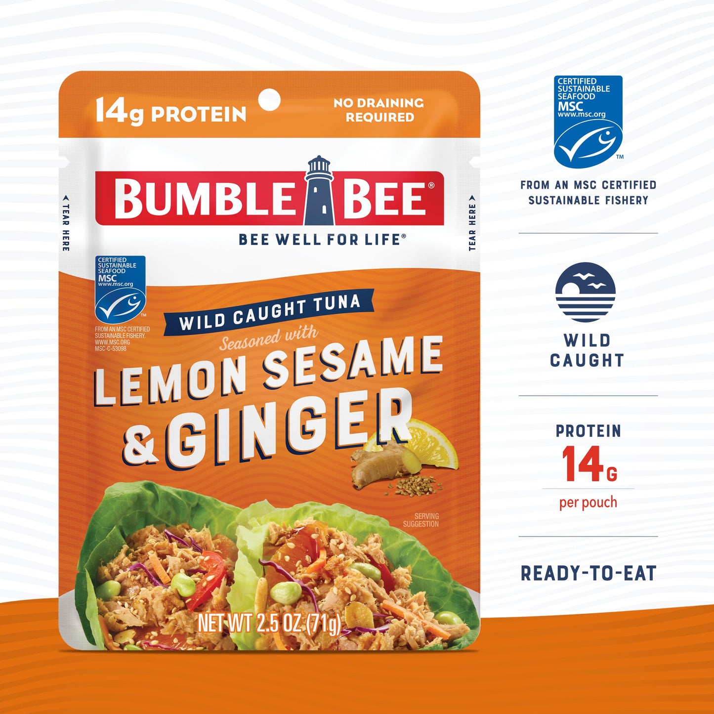 Bumble Bee Tuna Pouches, Lemon Sesame & Ginger, 2.5 oz, Pack of 12, Wild Caught, 13g Protein per Serving